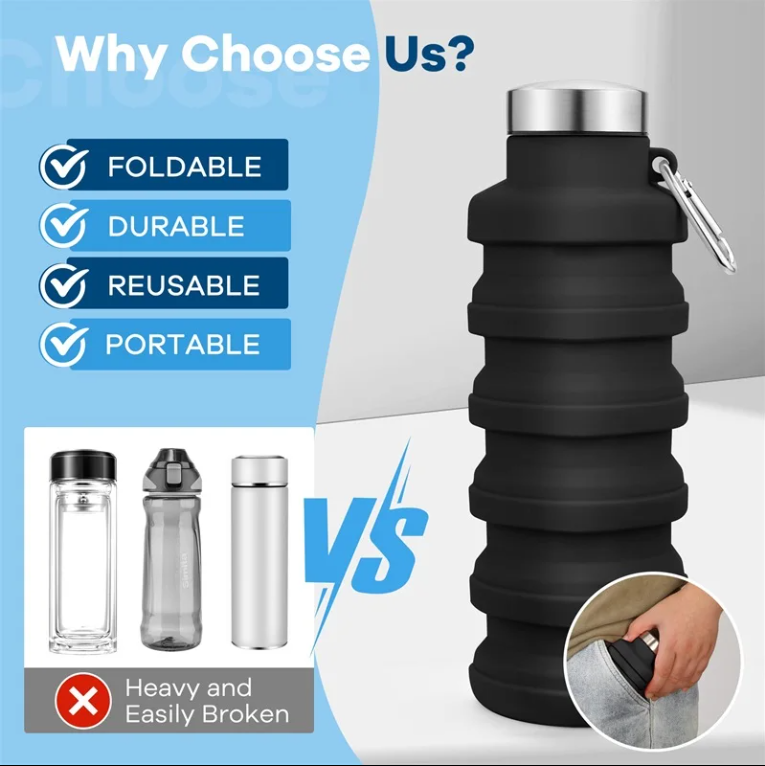 Collapsible Silicone Water Bottle Foldable Water Bottle Leak Proof Reusable Sports Drinking Bottle